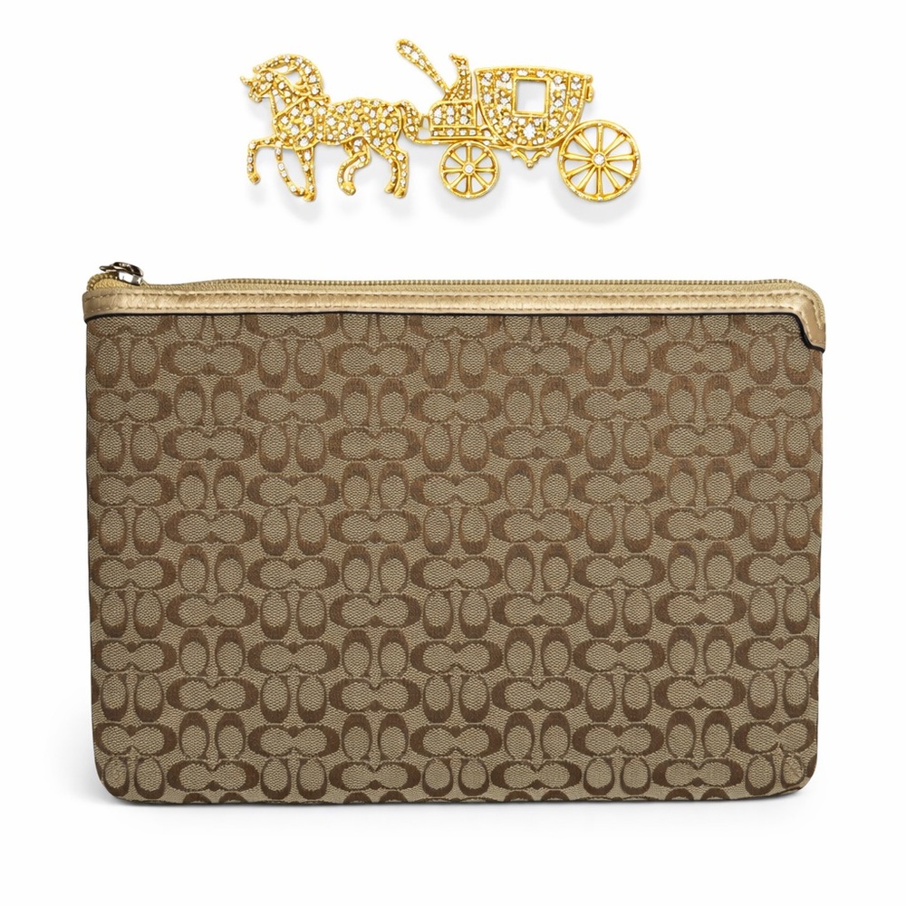 Coach Signature Tablet Sleeve Khaki Jacquard Gold Leather 8.25 x 10.35 - Picture 2 of 8